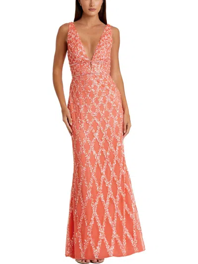 Mac Duggal Sequined Plunge Neck Sleeveless Column Gown In Coral