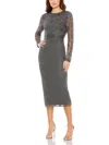 Mac Duggal Beaded Tea Length Sheath With Sheer Sleeves In Pink
