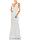 Mac Duggal Sequined Plunge Neck Sleeveless Column Gown In White