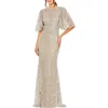 Mac Duggal Flutter Sleeve High Neck Gown In Grey