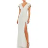 Mac Duggal Embellished Sleeve Jersey Wrap Gown In White