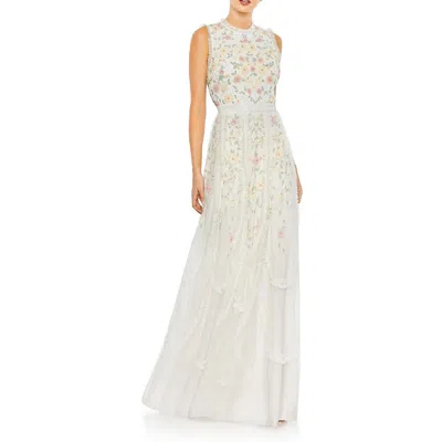 Mac Duggal Womens Embellished Mesh Evening Dress In Ivory Multi