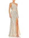 Mac Duggal Sequined One Shoulder Draped Lace Up Gown In Multi