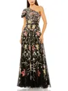 Mac Duggal Sequin Floral One-shoulder Mesh A-line Gown In Multi