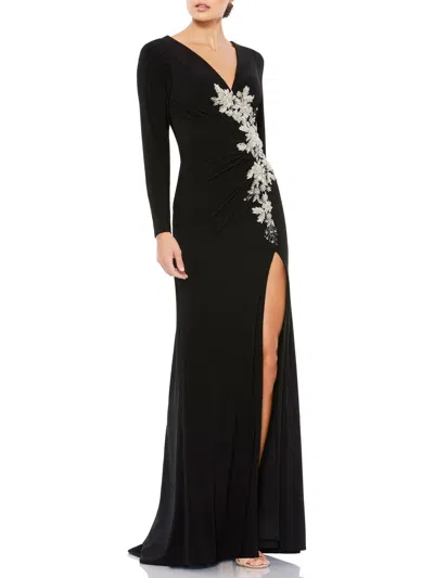 Mac Duggal Womens Embellished Ruched Evening Dress In Black