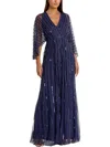 Mac Duggal Beaded Striping Kimono Sleeve V-neck Gown In Blue