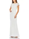 Mac Duggal Beaded Cap Sleeve Bateau Column Dress In White