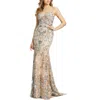 Mac Duggal Embroidered Spaghetti Strap Trumpet Gown In Beige