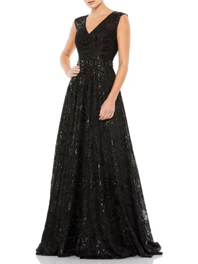 Mac Duggal Womens Embroidered Sequin Evening Dress In Black