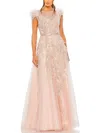 Mac Duggal High Neckline Feather Detail Beaded Gown In Gold