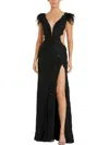 Mac Duggal Feather Floral Lace Sheath Gown In Black