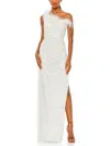 Mac Duggal One-shoulder Floral Sequin Feather Trim Sheath Gown In White