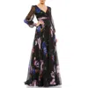 Mac Duggal Floral Print Pleated Wrap Over Illusion Long Sleeve Dress In Multi