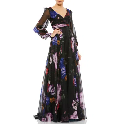 MAC DUGGAL WOMENS FLORAL PRINT CHIFFON EVENING DRESS
