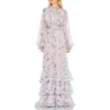 Mac Duggal Floral Print Ruched Raglan Sleeve Tiered Gown In Purple