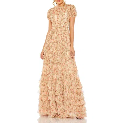 Mac Duggal Womens Floral Print Manmade Evening Dress In Beige