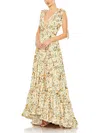 Mac Duggal Floral Print Soft Tie Sleeveless Tiered Gown In Yellow
