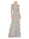 Mac Duggal Floral Rhinestone Embroidered Sweetheart Illusion Long Sleeve Gown In Grey