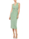Mac Duggal Sequined Sleeveless V-neck Midi Sheath Dress In Green