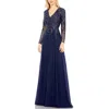 Mac Duggal Beaded Bodice Long Sleeve A-line Gown In Blue