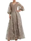 Mac Duggal Embellished Plunge Neck Puff Sleeve A-line Gown In Beige