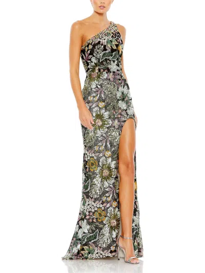 Mac Duggal Floral Sequin-embroidered One-shoulder Gown In Black Multi