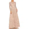 Mac Duggal Disc Embellished Sequin Gown With Feather Detail In Multi