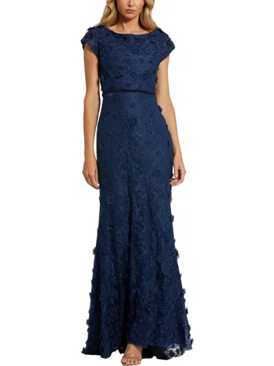 Mac Duggal Floral Applique Boar Neck Short Sleeve Gown In Midnight