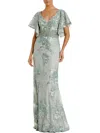 Mac Duggal Flutter Sleeve Embellished Lace Trumpet Gown In Green