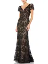 Mac Duggal Lace Plunge Neck Short Puff Sleeve Trumpet Gown In Multi