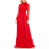 Mac Duggal Chiffon High Neckkeyhole Puff Sleeve Gown In Red In Red