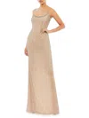 Mac Duggal Beaded Spaghetti Strap Column Gown In Beige