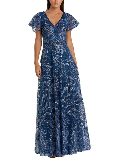 Mac Duggal Womens Metallic Embellished Evening Dress In Navy