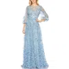 Mac Duggal Embroidered Puff Sleeve A-line Gown In Blue