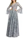 Mac Duggal Embellished Illusion Bell Sleeve A Line Gown In Grey