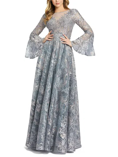 Mac Duggal Embellished Illusion Bell Sleeve A Line Gown In Grey Multi