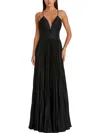 Mac Duggal Shimmer Pleated Plunge Neck Criss Cross Back Gown In Black
