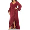 Mac Duggal Metallic Stripe Long Sleeve Wrap Front Gown In White
