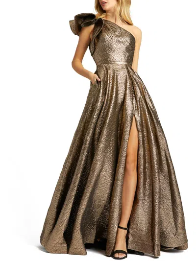 Mac Duggal Womens Metallic One Shoulder Evening Dress In Brown