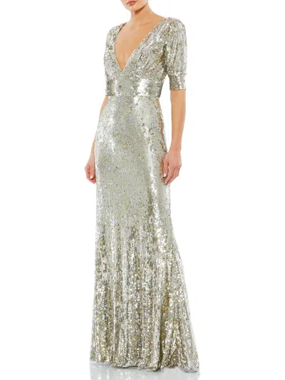 Mac Duggal Womens Metallic Sequin Evening Dress In Silver