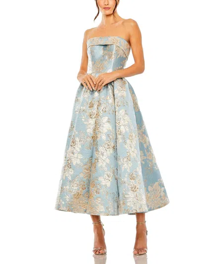 Mac Duggal Strapless Brocade Midi Dress With Pockets In Blue Multi