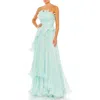 Mac Duggal Pleated Tiered Ruffled Strapless Gown In Green