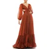 Mac Duggal Pleated Cut Out Long Sleeve Lace Up Tiered Gown In Multi