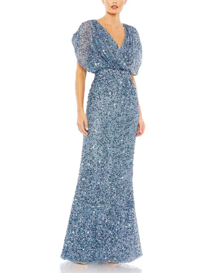 Mac Duggal Draped Sleeves Ruched Waist Detail V Neck Gown In Slate Blue