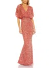 Mac Duggal Draped Sleeve V Neck Gown In Red
