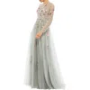 Mac Duggal Embroidered Illusion High Neck Long Sleeve A Line Gown In Silver