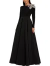 Mac Duggal Long Sleeve Taffeta Embellished 3d Flower Detail Ball Gown In Black