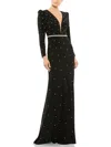 Mac Duggal Belted Jewel Encrusted Plunge Neck Long Sleeve Gown In Black