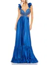 Mac Duggal Sequined Mesh Overlay Satin Dress With Ruffled Cap Sleeves And Beaded Bodice In Blue
