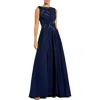 Mac Duggal Floral Appliqued Sleeveless A Line Gown In Midnight